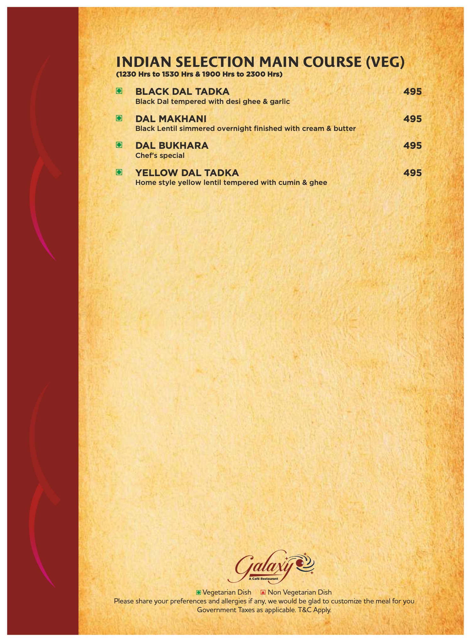 Galaxy menu, page 14 of 19: Indian main course, vegetarian, continued
