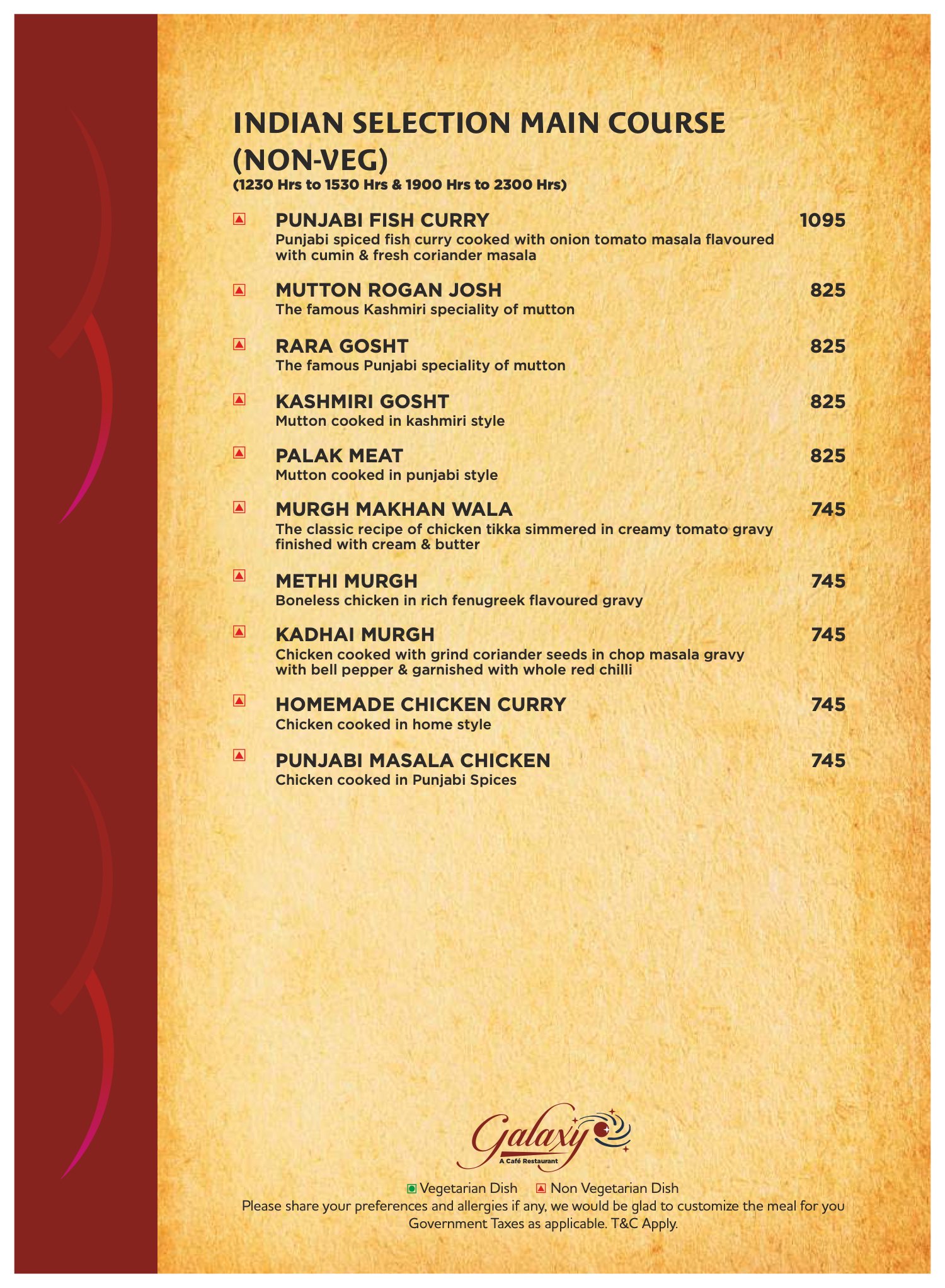 Galaxy menu, page 15 of 19: Indian main course, non-vegetarian