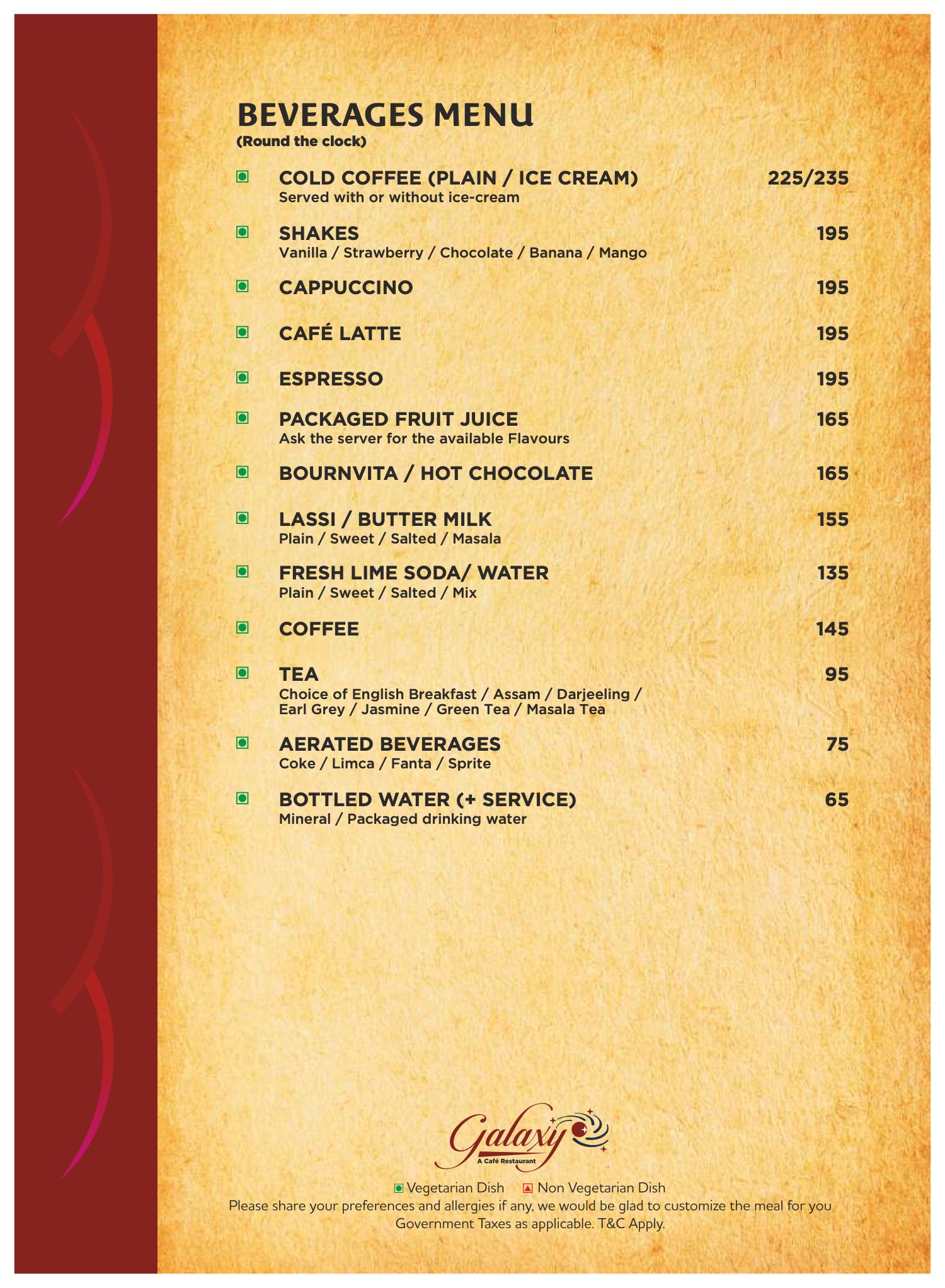 Galaxy menu, page 18 of 19: beverages
