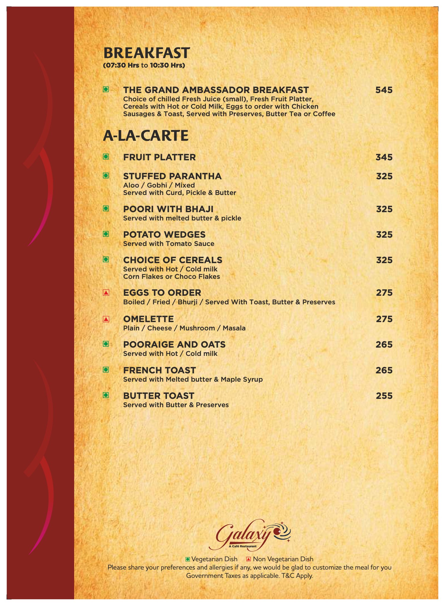 Galaxy menu, page 2 of 19: breakfast
