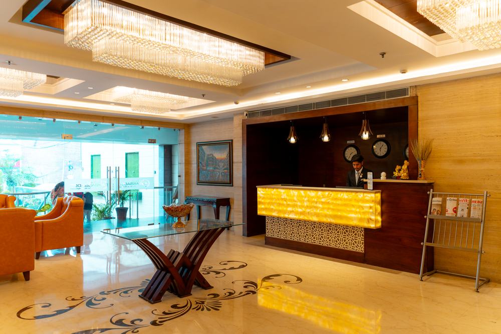 The reception hall, marble floor and the lounge beyond